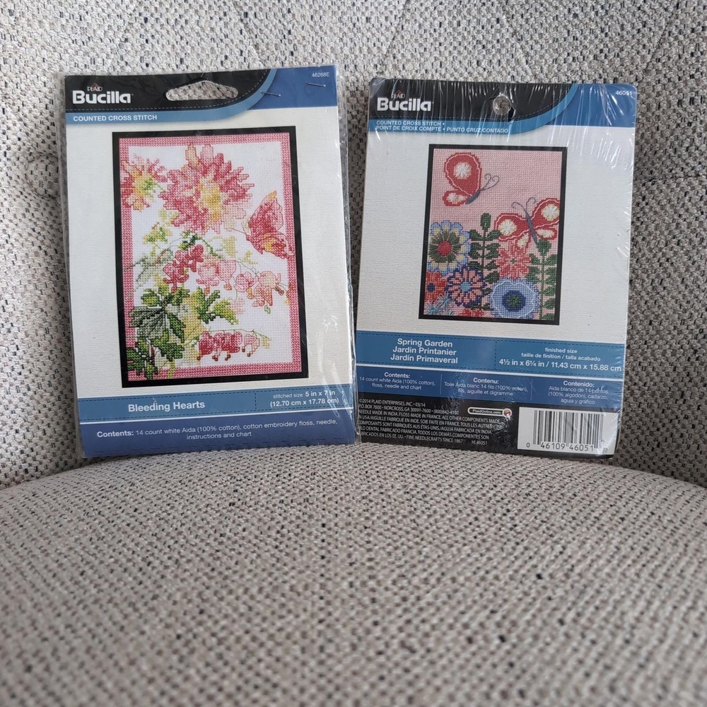 2 Bucilla Counted Cross Stitch Kit Pink Floral "Bleeding Hearts" "Spring Garden"